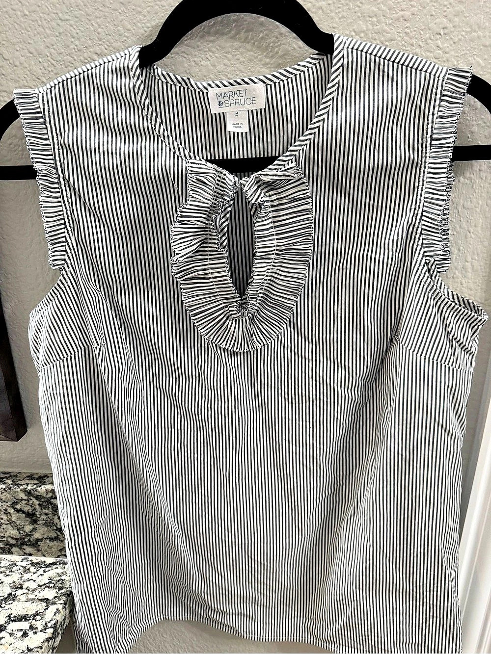 Market & Spruce Black White Striped Ruffle Neck Sleeveless Blouse